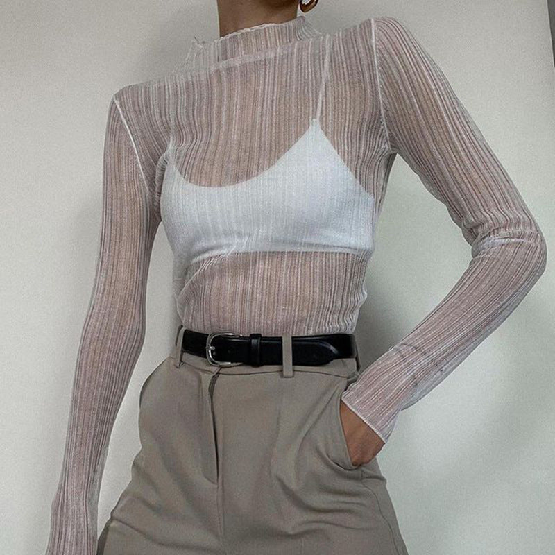 See Through Ribbed Knit Mock Neck Top - White - 5