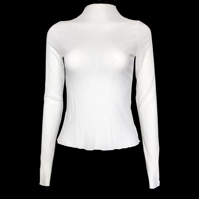 See Through Ribbed Knit Mock Neck Top - White - 6
