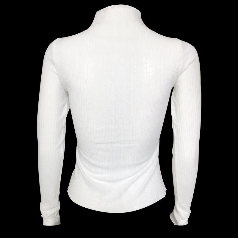 See Through Ribbed Knit Mock Neck Top - White - 8