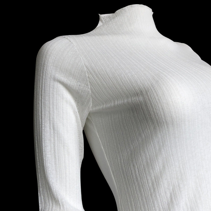 See Through Ribbed Knit Mock Neck Top - White - 9