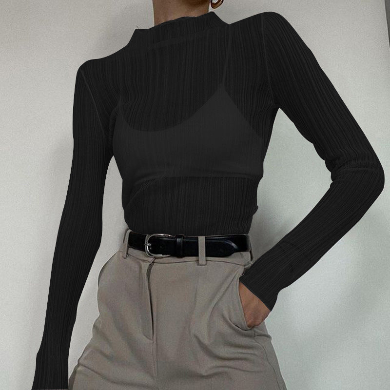See Through Ribbed Knit Mock Neck Top - black