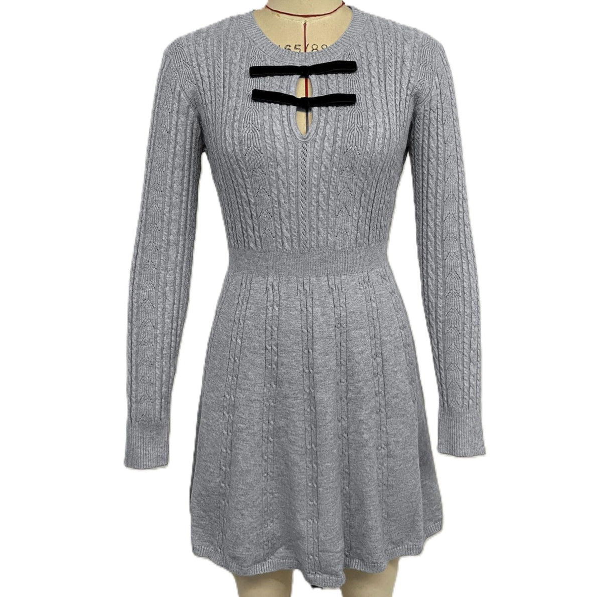 Cutout Bow Cable Knit Flare Dress - Grey