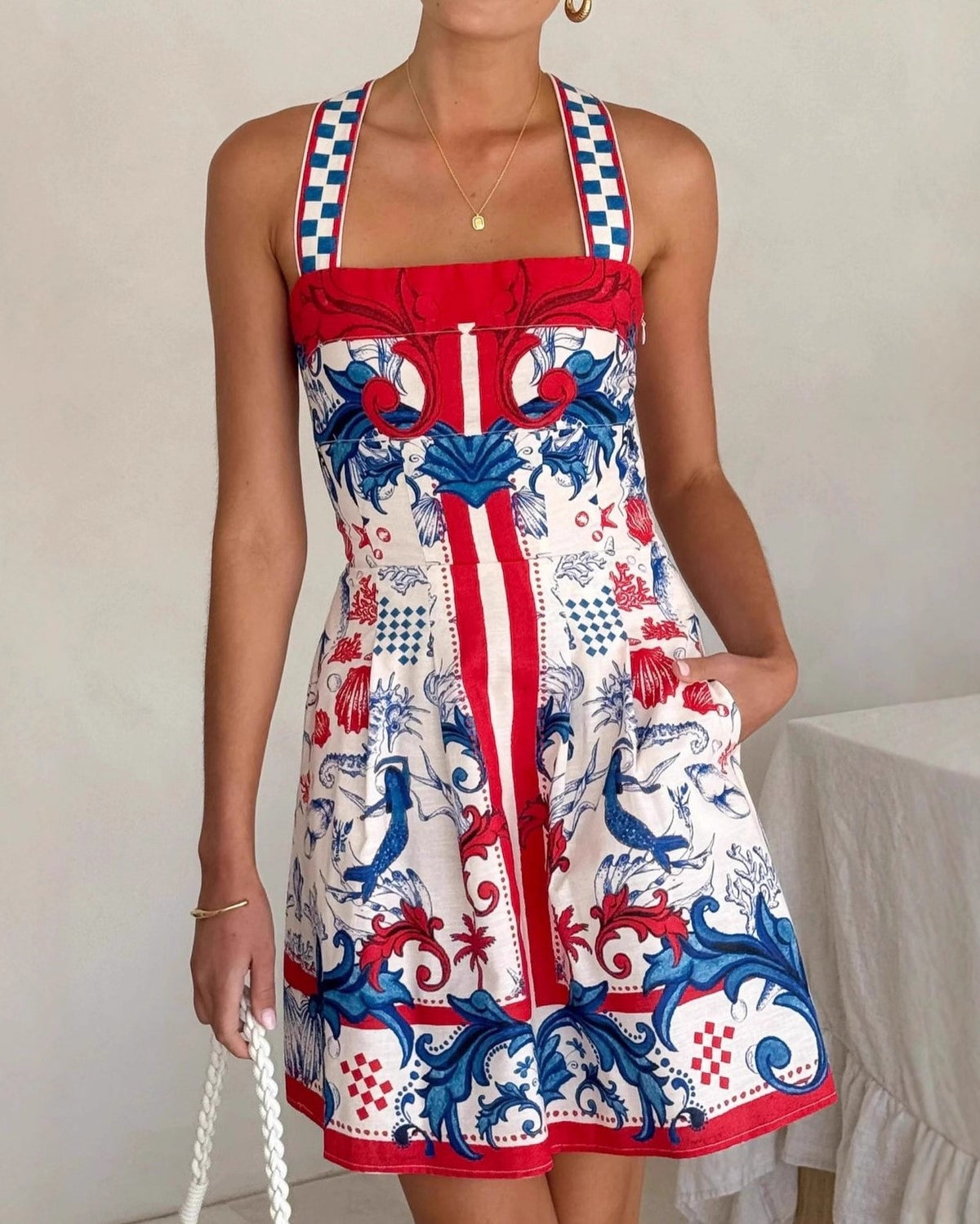 Mediterranean Tile Print Square Neck Mini Dress - Decor