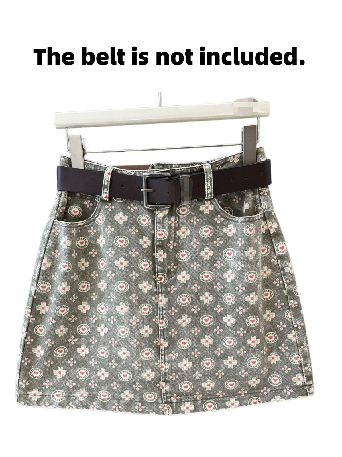 Washed Green Denim Mini Skirt With Retro Heart Print - Green - 1