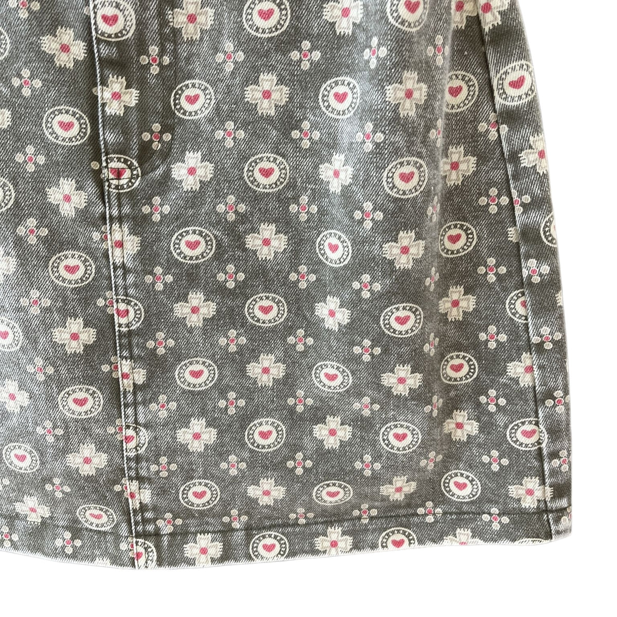 Washed Green Denim Mini Skirt With Retro Heart Print - Green - 2