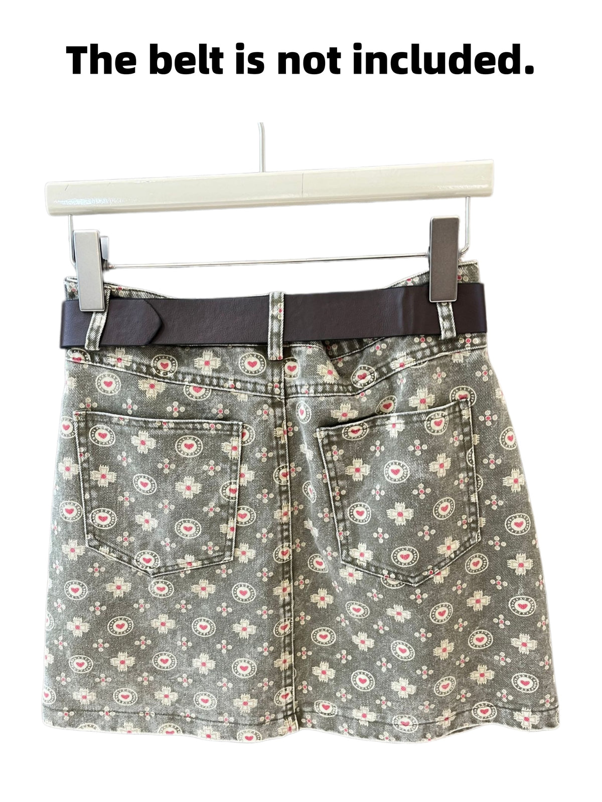 Washed Green Denim Mini Skirt With Retro Heart Print - Green - 5