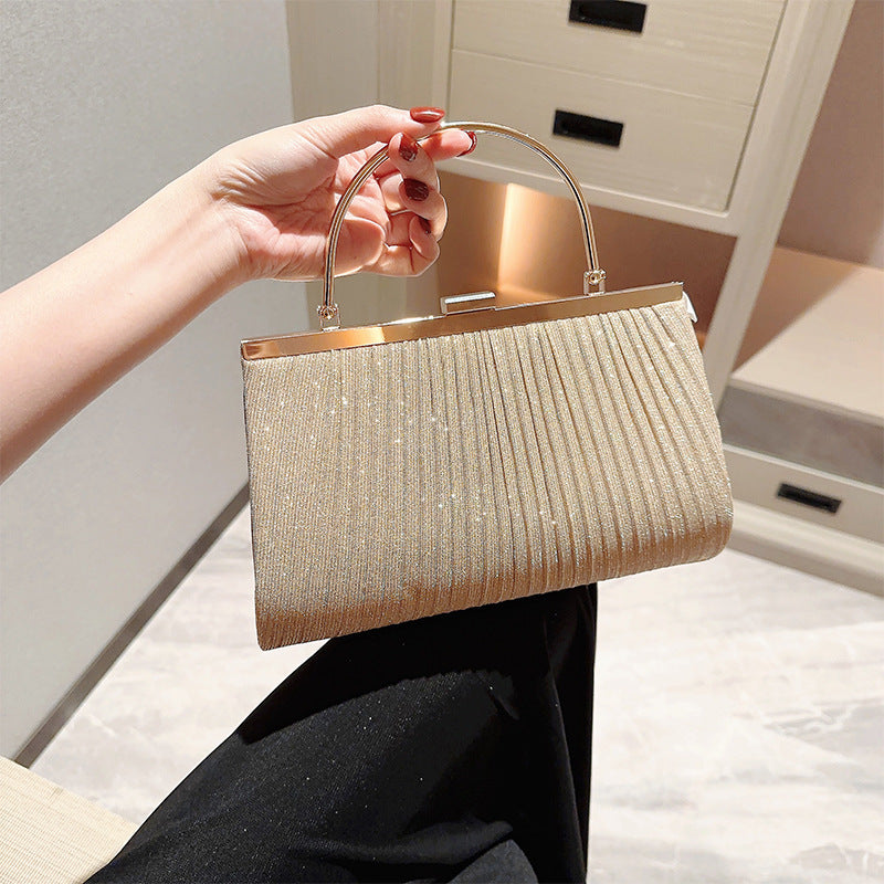 Pleated Frame Top Handle Evening Bag - Apricot