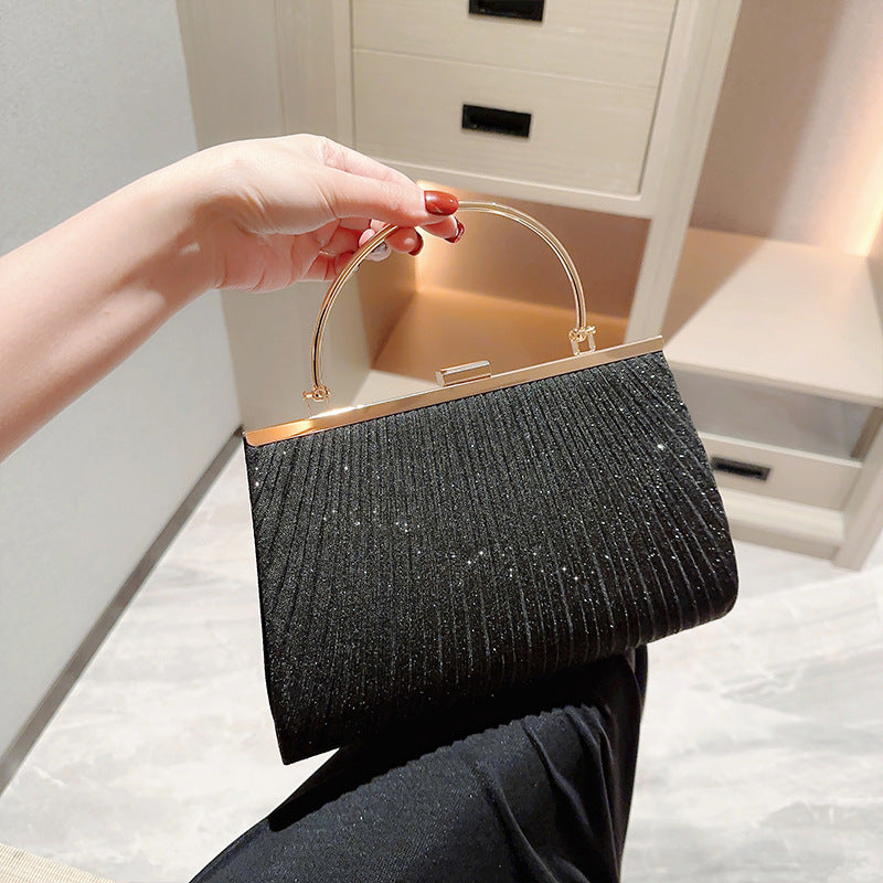 Pleated Frame Top Handle Evening Bag - Black