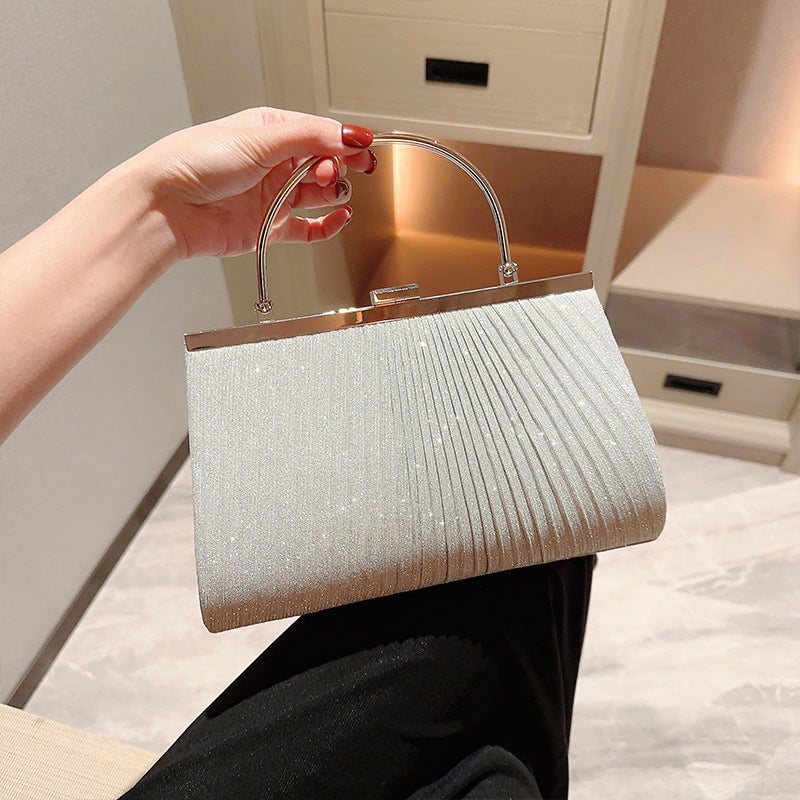 Pleated Frame Top Handle Evening Bag - Silver