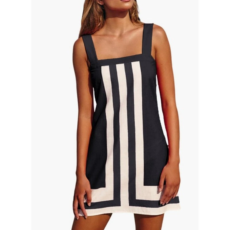 Retro Colorblock Stripe Sleeveless Mini Dress - Black