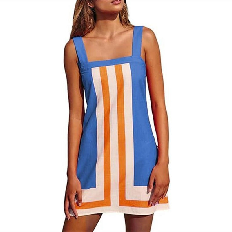 Retro Colorblock Stripe Sleeveless Mini Dress - Blue