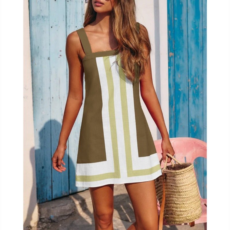 Retro Colorblock Stripe Sleeveless Mini Dress - Brown