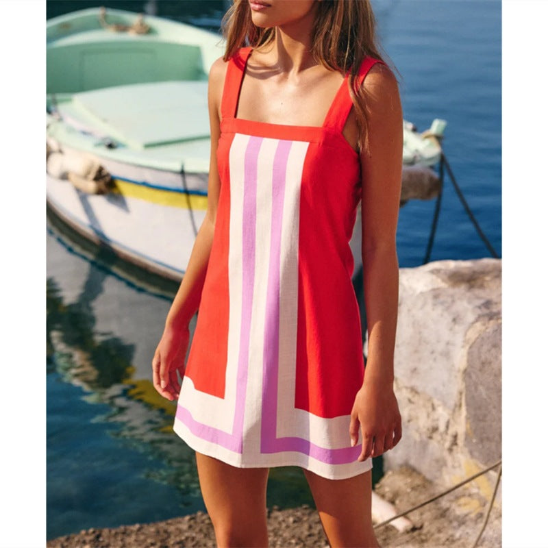 Retro Colorblock Stripe Sleeveless Mini Dress - Red