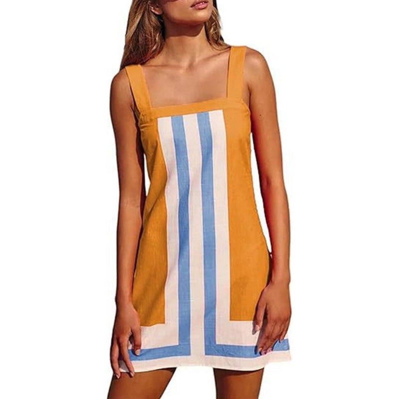 Retro Colorblock Stripe Sleeveless Mini Dress - Yellow