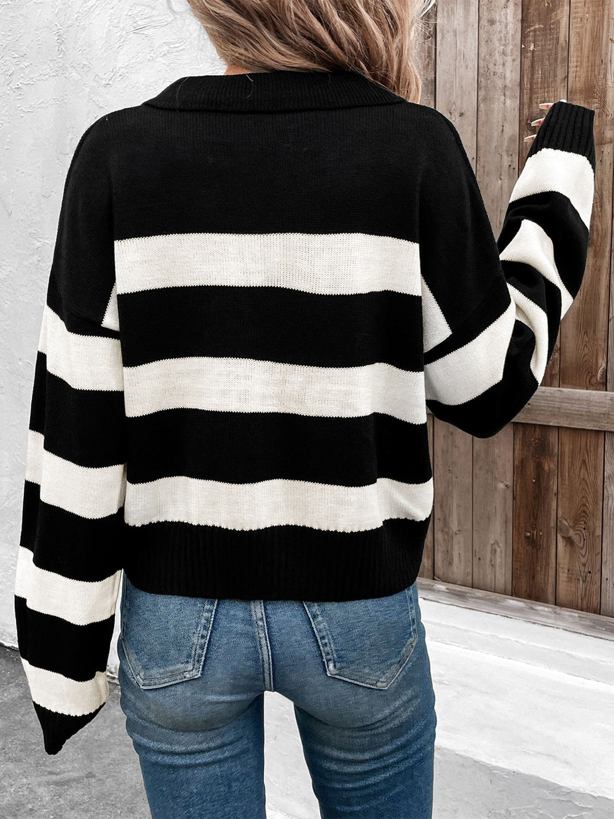 Bold Striped Collared V-Neck Sweater - Black - 2