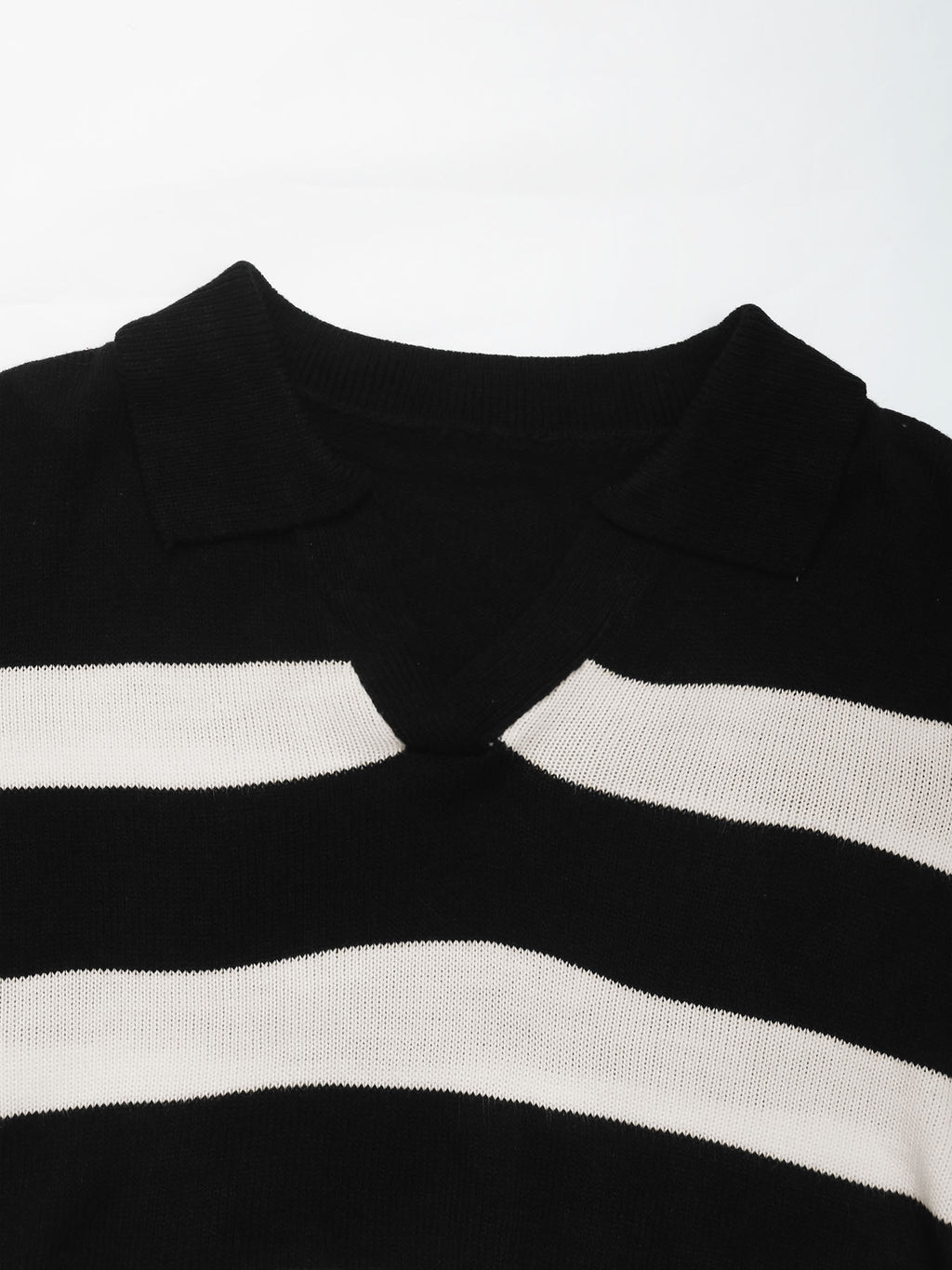 Bold Striped Collared V-Neck Sweater - Black - 3