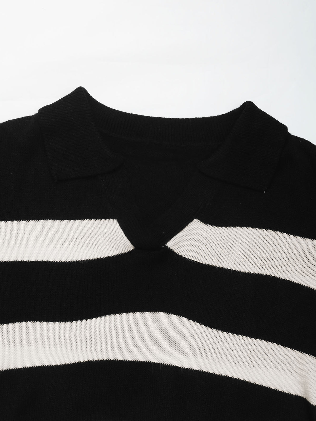 Bold Striped Collared V-Neck Sweater - Black - 3