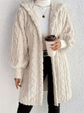 Cable Textured Plush Hooded Midi Coat - MilkWhite