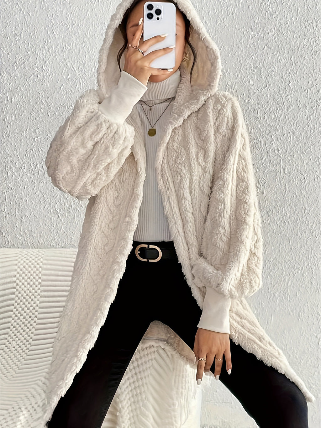 Cable Textured Plush Hooded Midi Coat - MilkWhite - 2