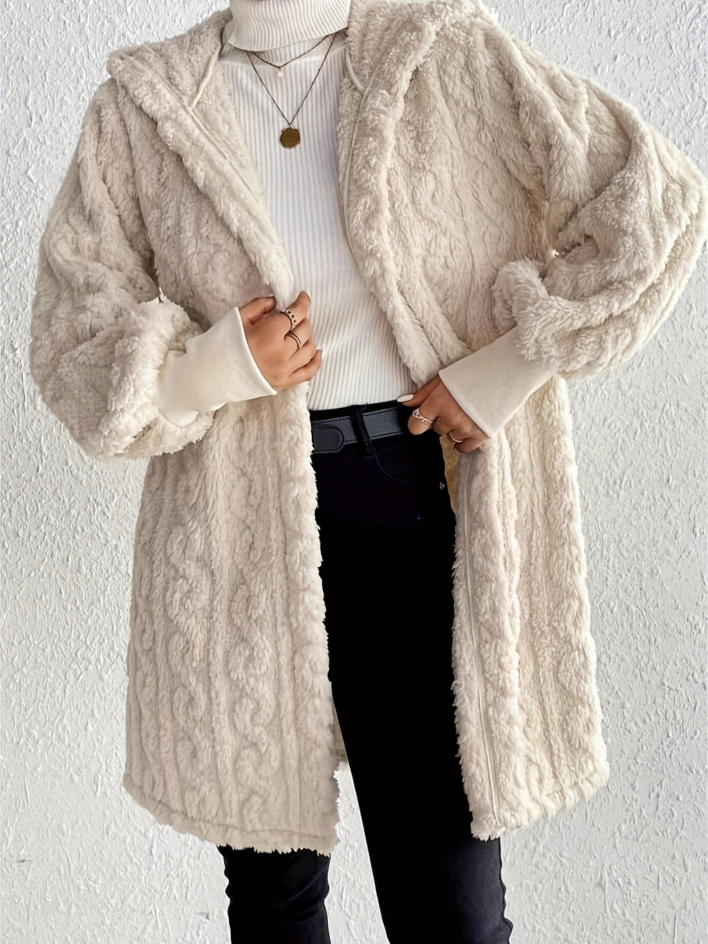 Cable Textured Plush Hooded Midi Coat - MilkWhite - 3