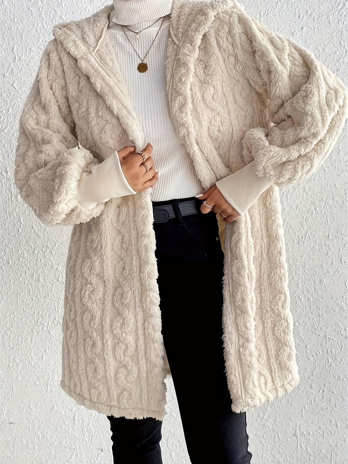 Cable Textured Plush Hooded Midi Coat - MilkWhite - 3