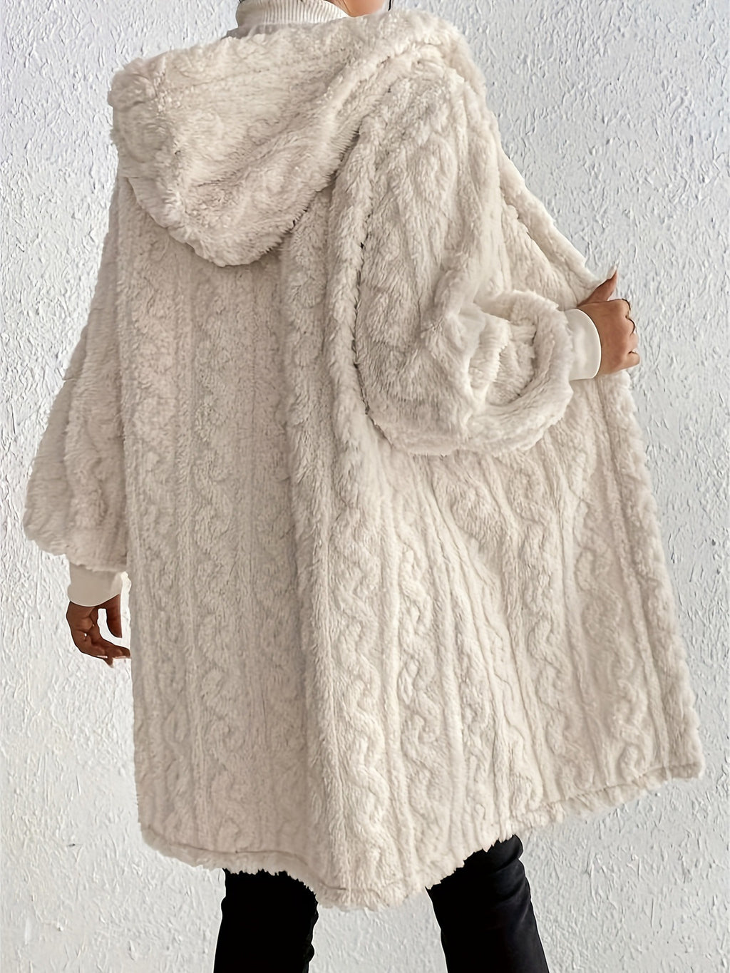 Cable Textured Plush Hooded Midi Coat - MilkWhite - 4
