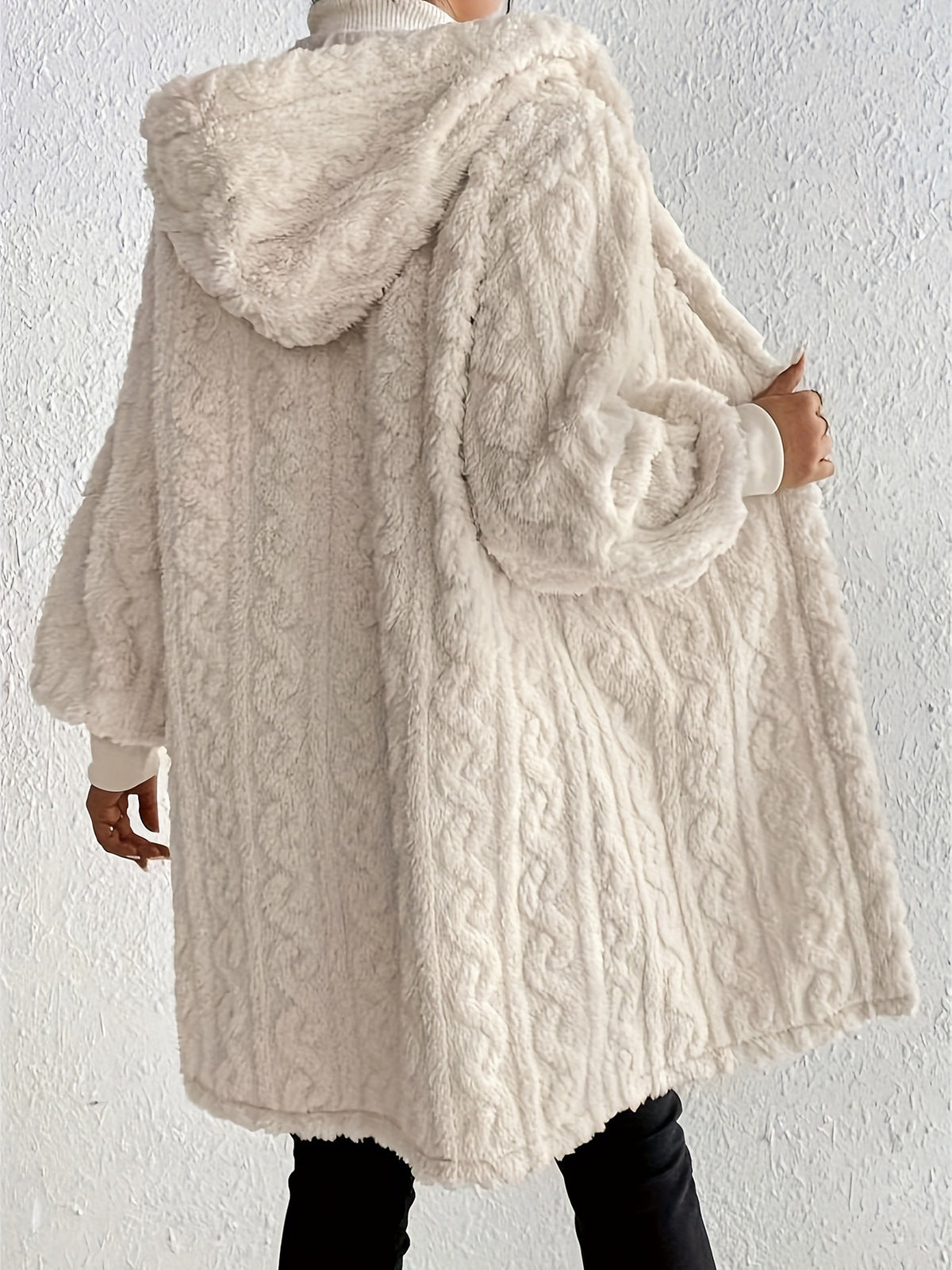 Cable Textured Plush Hooded Midi Coat - MilkWhite - 4