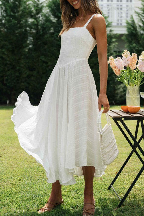 Square Neck Drop Waist Cotton Midi Dress - White