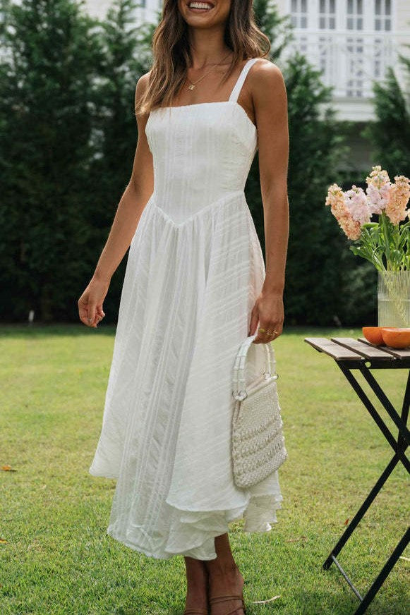 Square Neck Drop Waist Cotton Midi Dress - White - 1