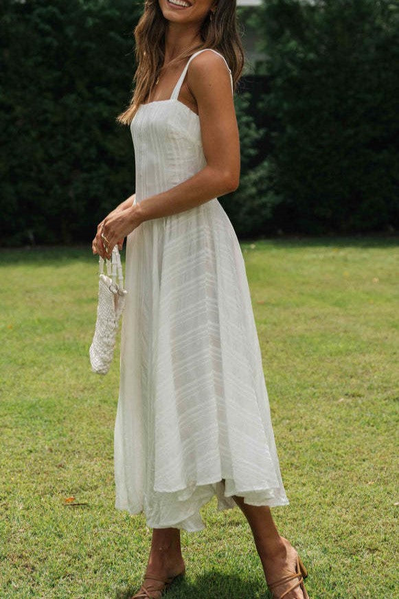 Square Neck Drop Waist Cotton Midi Dress - White - 10
