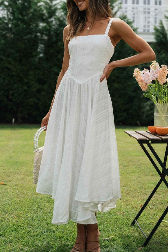 Square Neck Drop Waist Cotton Midi Dress - White - 2
