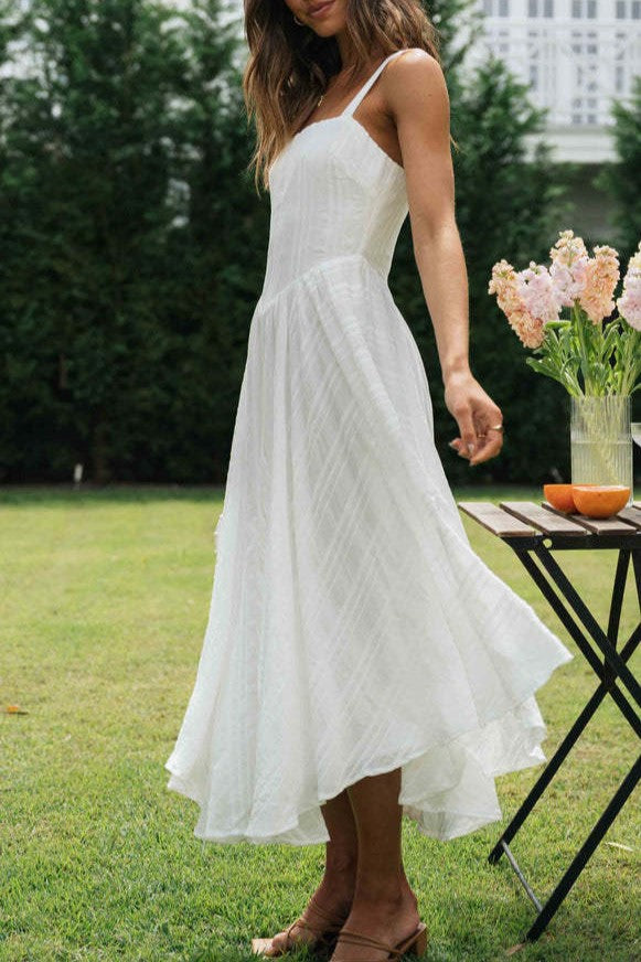 Square Neck Drop Waist Cotton Midi Dress - White - 3