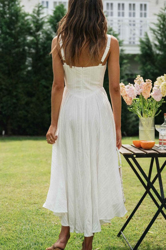 Square Neck Drop Waist Cotton Midi Dress - White - 4