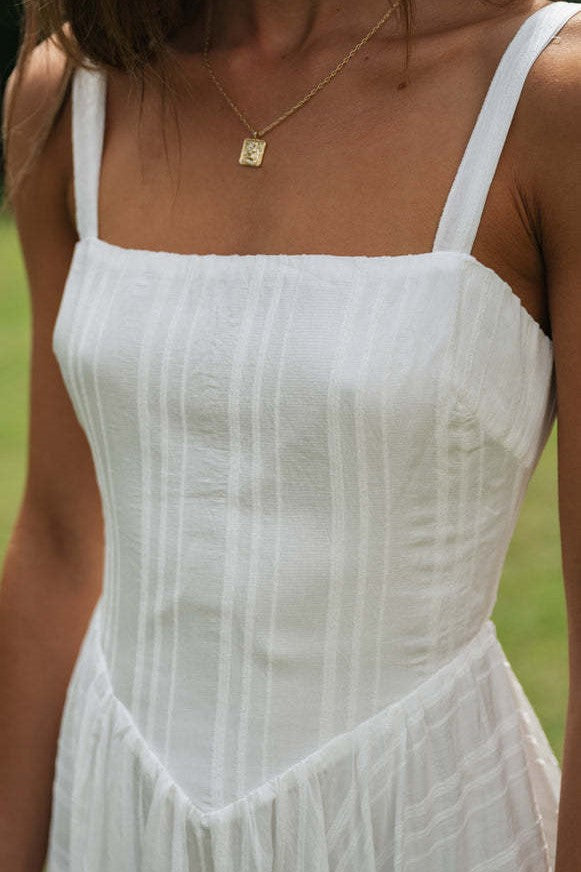 Square Neck Drop Waist Cotton Midi Dress - White - 5