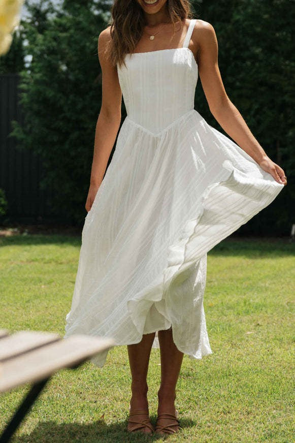 Square Neck Drop Waist Cotton Midi Dress - White - 6