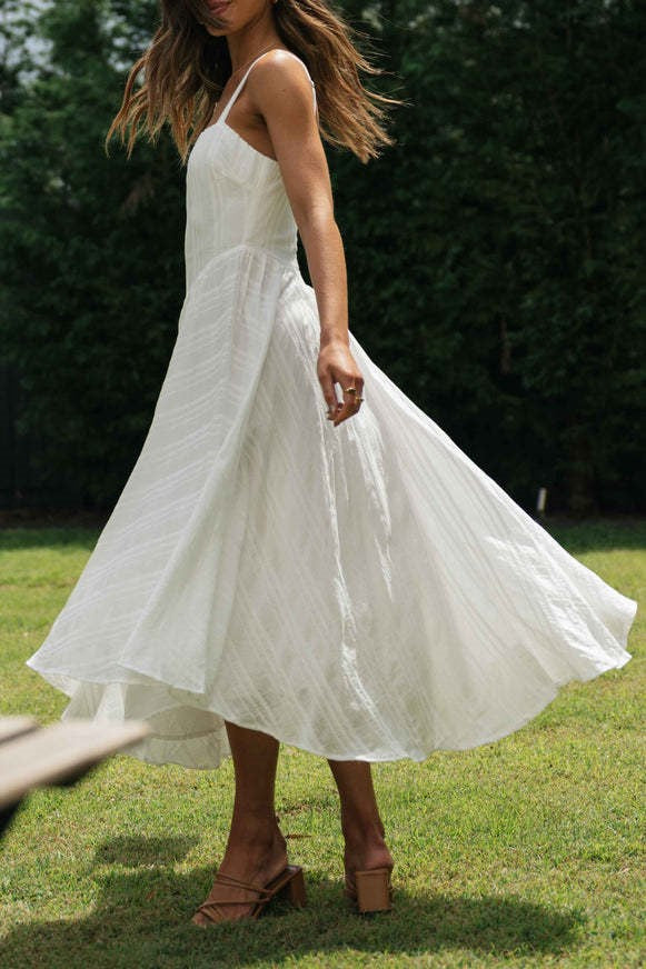 Square Neck Drop Waist Cotton Midi Dress - White - 7