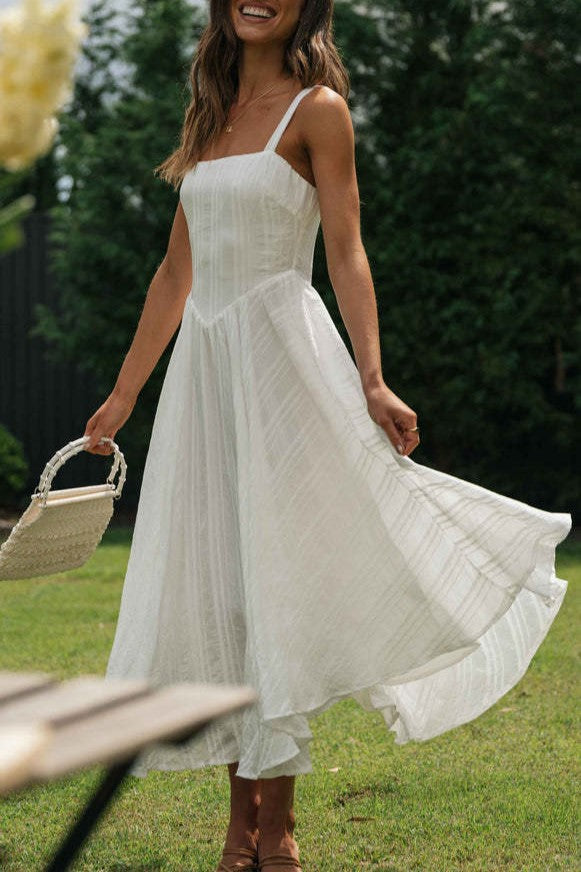 Square Neck Drop Waist Cotton Midi Dress - White - 8