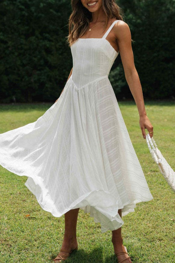 Square Neck Drop Waist Cotton Midi Dress - White - 9