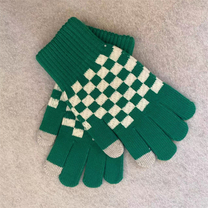Checker Knit Winter Gloves With Touch Tips - Green - 1