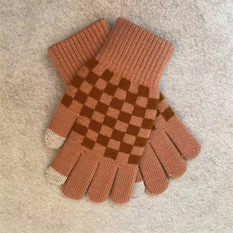 Checker Knit Winter Gloves With Touch Tips - Orange