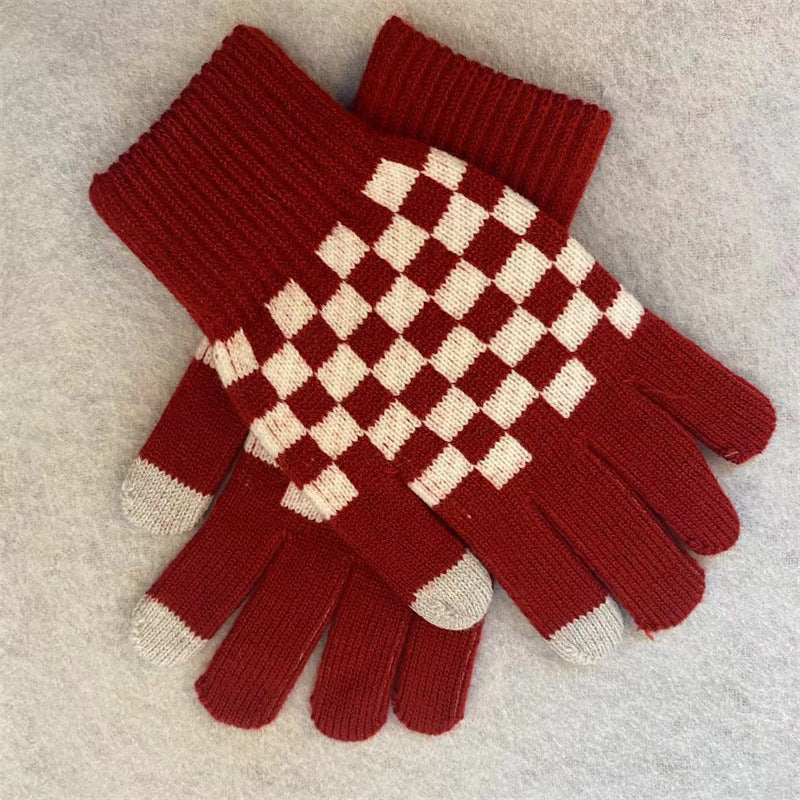 Checker Knit Winter Gloves With Touch Tips - Red