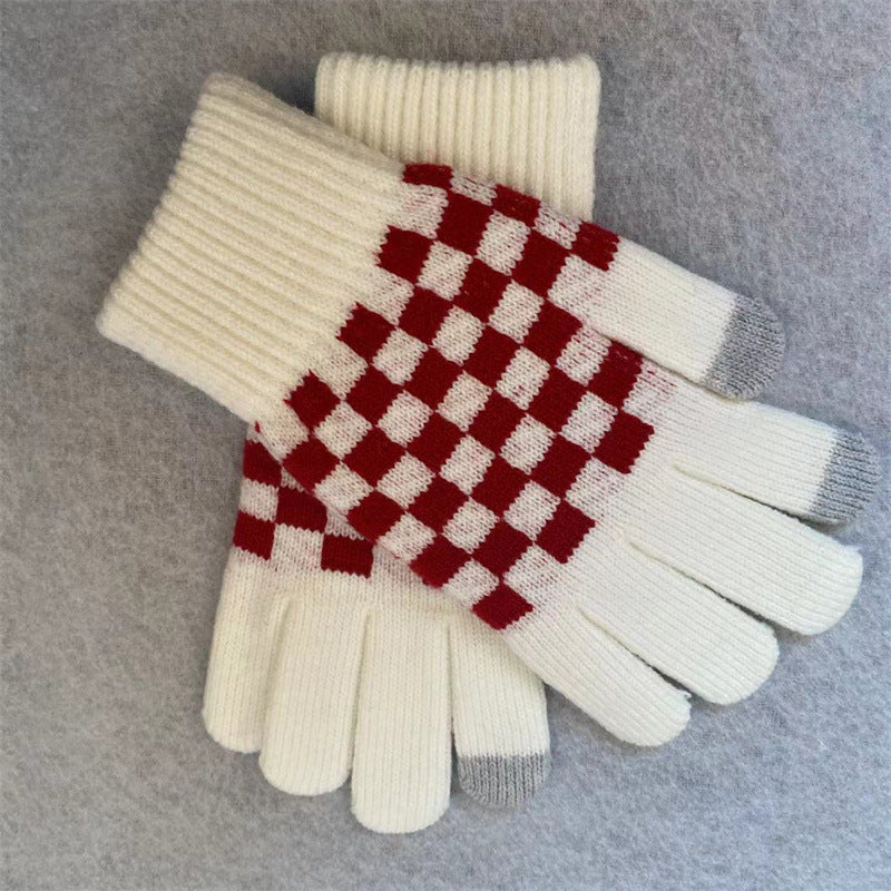 Checker Knit Winter Gloves With Touch Tips - White