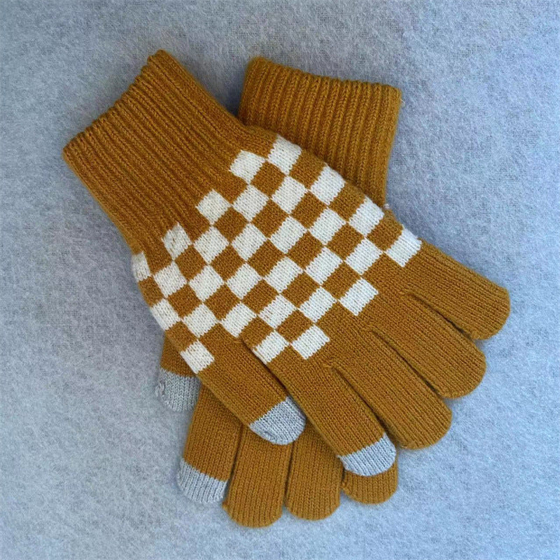 Checker Knit Winter Gloves With Touch Tips - Yellow