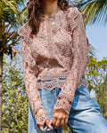 Scalloped Lace Ruffle Long Sleeve Top - Pink