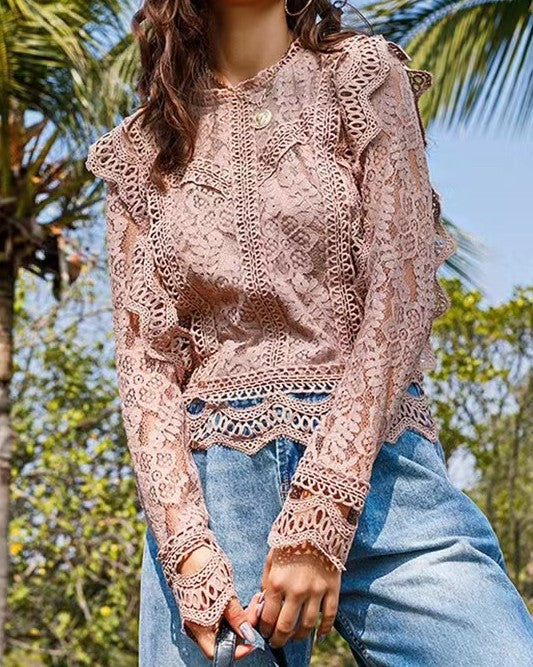 Scalloped Lace Ruffle Long Sleeve Top - Pink