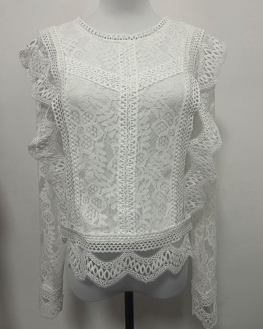Scalloped Lace Ruffle Long Sleeve Top - White - 1