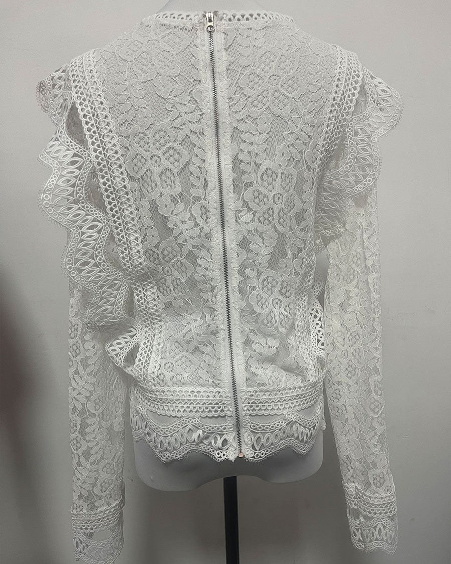 Scalloped Lace Ruffle Long Sleeve Top - White - 2