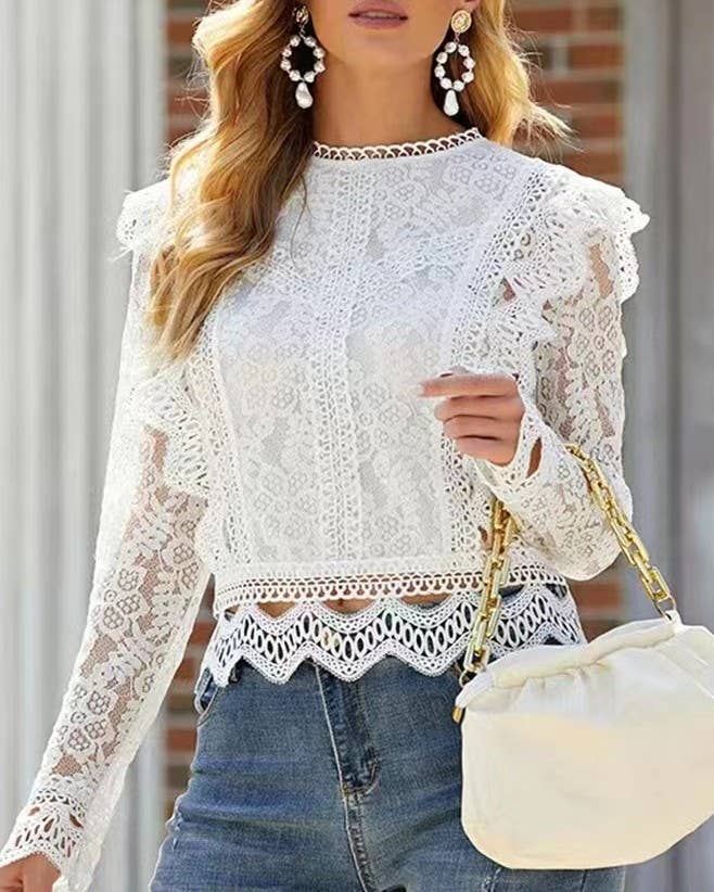 Scalloped Lace Ruffle Long Sleeve Top
