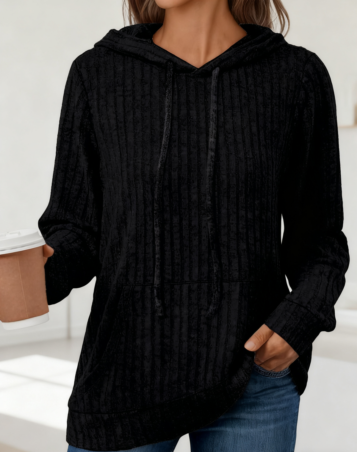 Ribbed Hooded Drawstring Pocket Top - Black