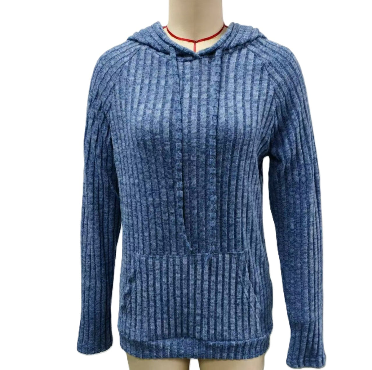 Ribbed Hooded Drawstring Pocket Top - Blue